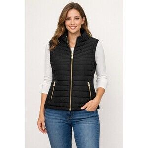 Snobbish Black Quilted Puffer Vest Faux Fur Lined Full Zip Sleeveless Women’s L